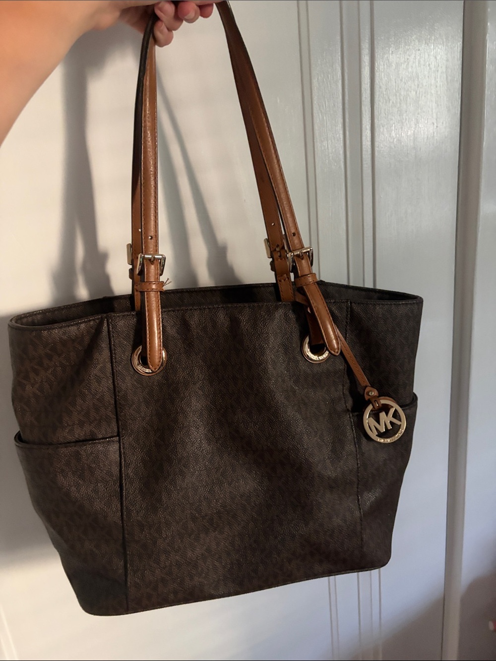 Michael Kors Dark Brown Signature Tote with Tan Leather Straps